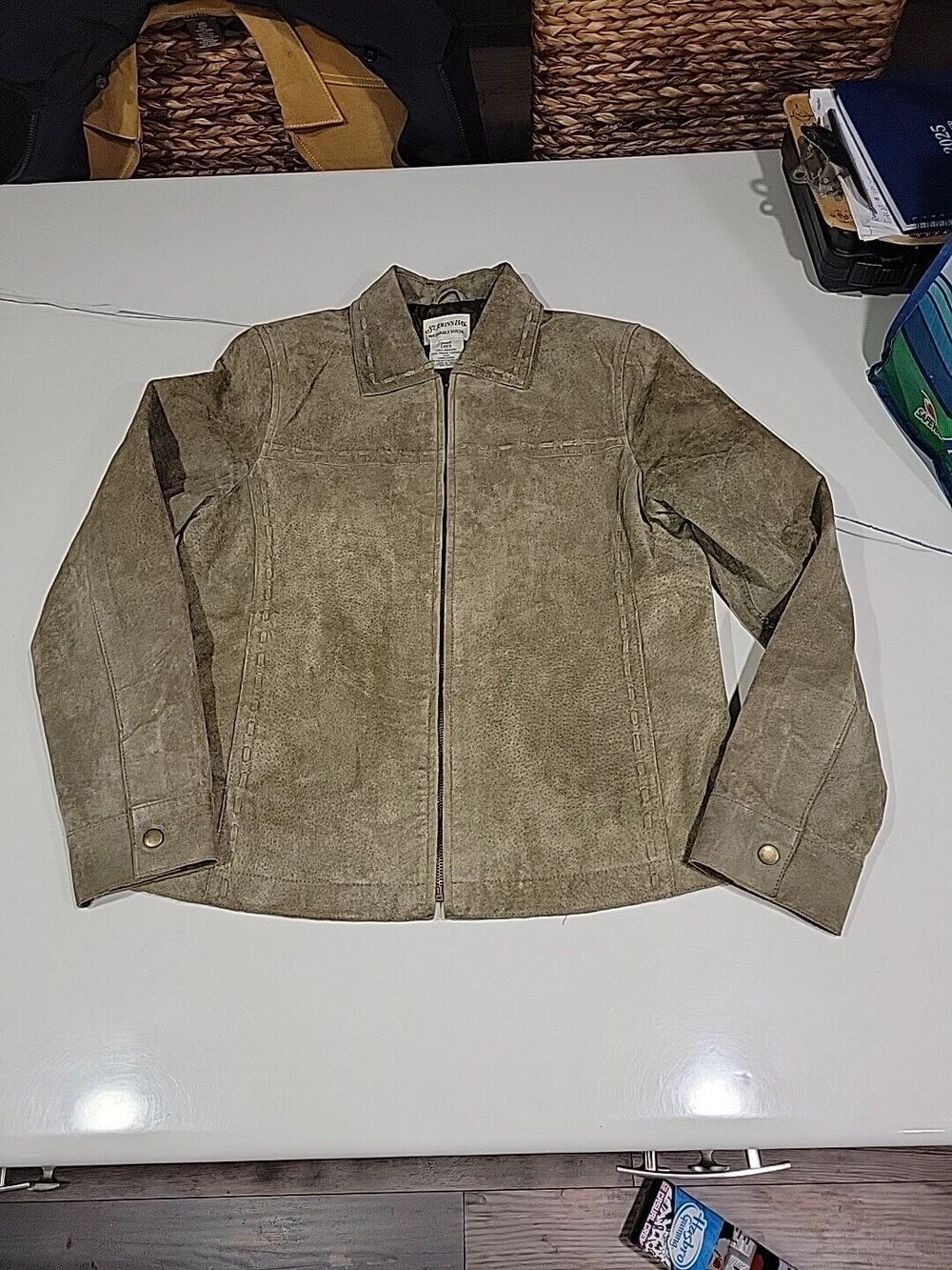 St. John's Bay Jacket Womens Beige GENUINE Leather SOFT Coat Small Chico VTG